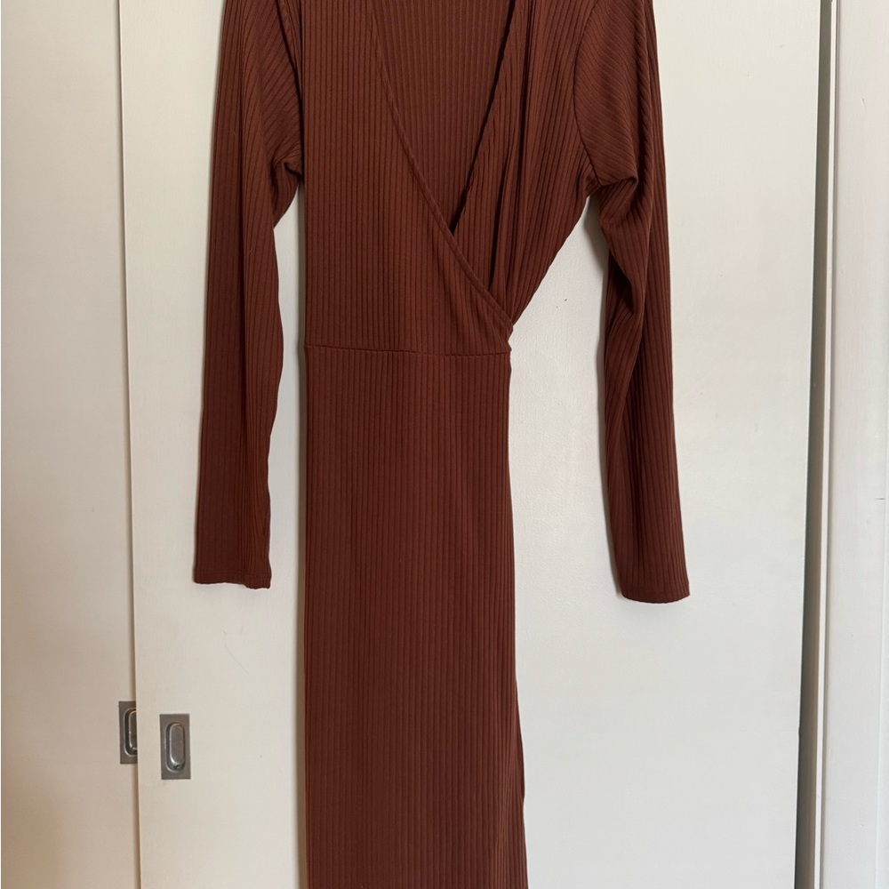 Elegant Brown Long Sleeve Ribbed Wrap Dress